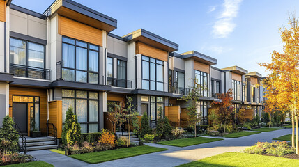 Modern townhomes with large windows and landscaped gardens