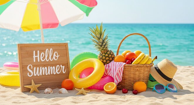 Summer scene featuring a basket of fruit, beach accessories and an umbrella with the words "Hello Summer" written on a wooden board. The image has a tropical vibe.  - Powered by Adobe