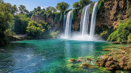 Fototapeta premium Majestic Waterfall Cascading into Lush Green Pool Surrounded by Vibrant Nature and Clear Blue Sky