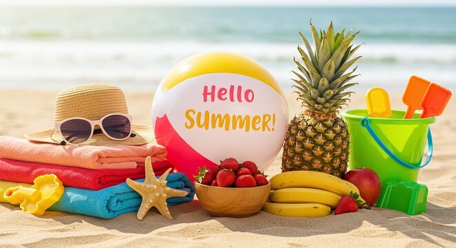Summer beach scene with a variety of items, including a beach ball, fruit and hat. The bright colors and composition evoke a feeling of fun, relaxation, and summertime joy.