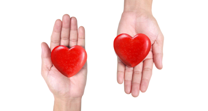 Sharing love hands holding heart symbols studio conceptual art minimalist close-up emotional connection