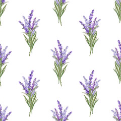 Naklejka premium Seamless pattern of lavender flowers. Hand drawn illustration for wallpaper, textiles, packaging paper