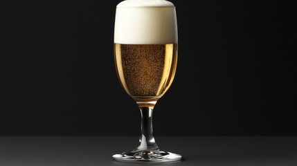One tall pilsner glass filled with golden beer and thick foam head, isolated on black background