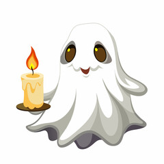 Cartoon ghost with candle isolated on white background. Front view. Suitable for children's books, sticker, mascot, logo. Vector illustration