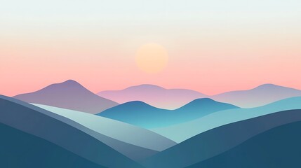 Pastel sunset over a range of stylized mountains.