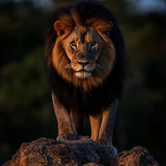 Fototapeta premium Regal lion surveys his kingdom from atop a rocky outcrop at sunset.