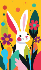 Charming and colorful illustration of a white bunny with pink ears and cheeks, sitting among bright, stylized flowers on a yellow background