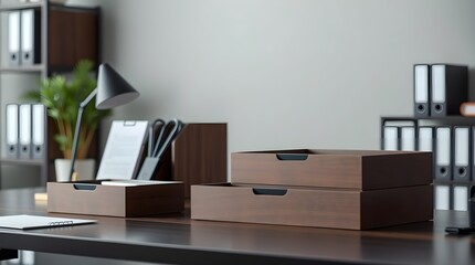 A contemporary office desk showcases sleek, dark stained wooden boxes and organizers, space for copy