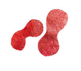 Red embroidered textile shapes on white background. Abstract elements stitched on fabric, isolated for modern collage or design use