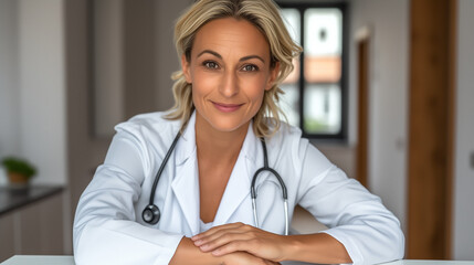Confident smiling female doctor with stethoscope – healthcare professional portrait. AI Generative.