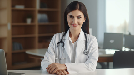 Confident smiling female doctor with stethoscope – healthcare professional portrait. AI Generative.