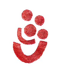 Red embroidered textile shapes on white background. Abstract elements stitched on fabric, isolated for modern collage or design use