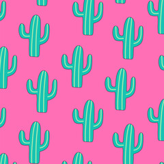 Vector illustration of a seamless pattern featuring green cacti on a vibrant pink background. Ideal for textiles, wallpapers, or digital designs with a playful theme.