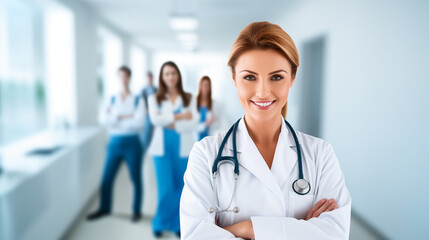 Confident smiling female doctor with stethoscope – healthcare professional portrait. AI Generative.