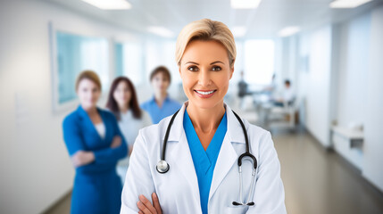 Confident smiling female doctor with stethoscope – healthcare professional portrait. AI Generative.