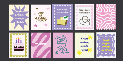 Motivational and Sweet Card Collection  in cartoon 90s style for cafe branding, menus, art posters, greetings