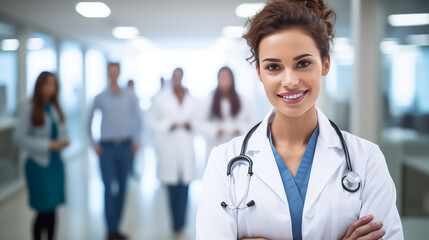 Confident smiling female doctor with stethoscope – healthcare professional portrait. AI Generative.