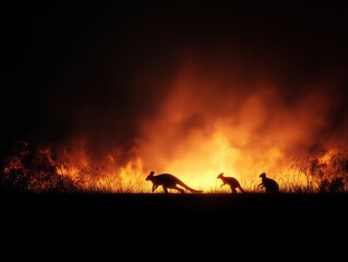Fototapeta premium Silhouettes of Animals Fleeing a Raging Forest Fire