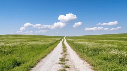 Fototapeta premium Country road through a vibrant green field under a clear blue sky