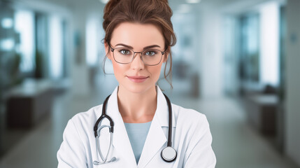 Confident smiling female doctor with stethoscope – healthcare professional portrait. AI Generative.