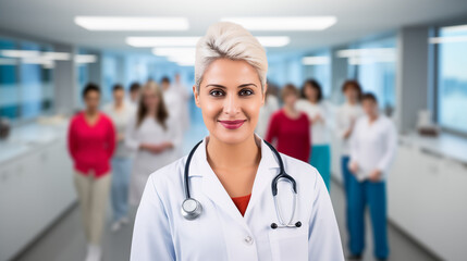 Confident smiling female doctor with stethoscope – healthcare professional portrait. AI Generative.