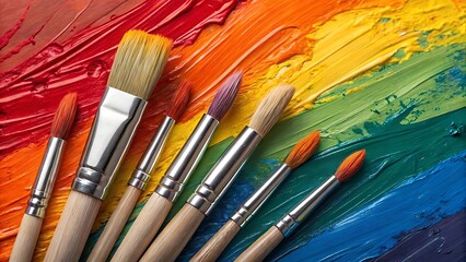 Fototapeta premium Colorful art paint brushes on canvas artistic creative painting tools