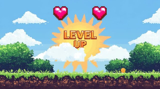 Pixel art level up screen with sun, hearts and coin in retro game style landscape with grass and clouds
