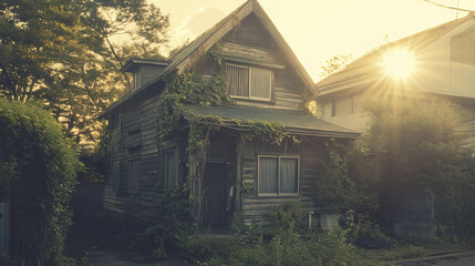 Old wooden house in Japanese suburb during golden hour, serene atmosphere