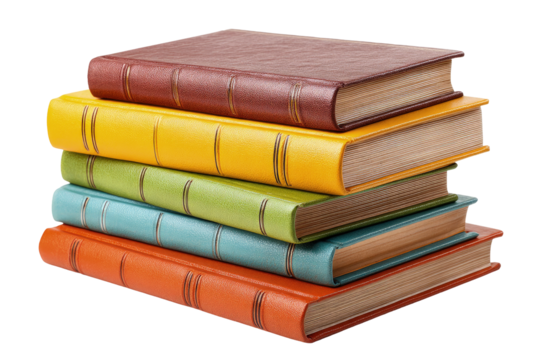 Stacked colorful antique books on transparent background
