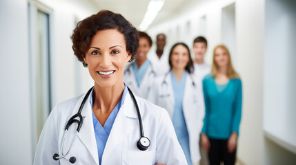 Confident smiling female doctor with stethoscope – healthcare professional portrait. AI Generative.