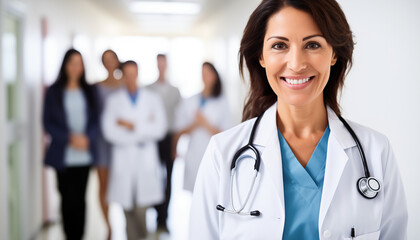 Confident smiling female doctor with stethoscope – healthcare professional portrait. AI Generative.