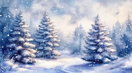 Obraz premium Abstract Holiday Trees: Hand-Drawn Watercolor Coniferous Forest Illustration for Captivating Christmas and Winter Backgrounds