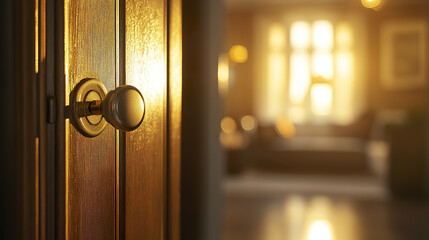 Open door with warm light entering cozy living room