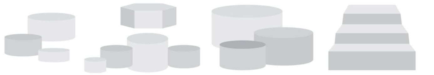 Set realistic podium. Pedestal and platform, stand stage, cylinder. Round empty stages and podium stairs 3d template. vector illustration.