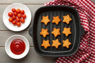 Star shaped chicken nuggets with tomatoes and ketchup food photography