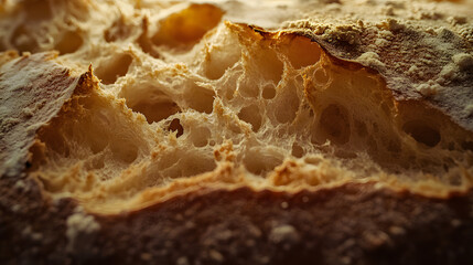 Fototapeta premium Macro shot of bread crust with airy texture, featuring golden-brown edges, and soft light illuminating the surface.