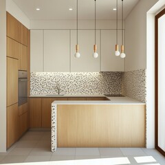 Modern and stylish kitchen space with kitchen set, wall-mounted oven, hanging lights, adjacent to the door