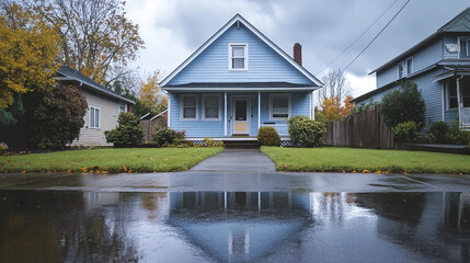 Obraz premium Pale blue house with wet pavement reflection after rain