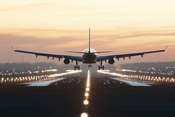 Airplane landing at sunrise