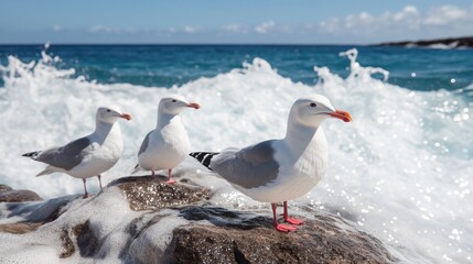 Fototapeta premium Seagulls perched on rocks near crashing waves, showcasing coasta