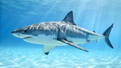 Fototapeta premium hyperrealistic photo of white shark swimming gracefully in clear blue water, showcasing its powerful form and serene environment