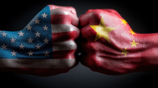 USA vs China Arm Wrestling – Geopolitical Trade Embargo Symbolism