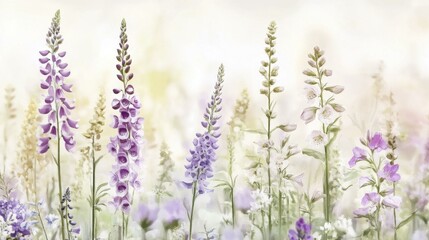 Naklejka premium Soft Watercolor Field of Purple Lupine and White Foxglove Blossoms Floral Spring Garden