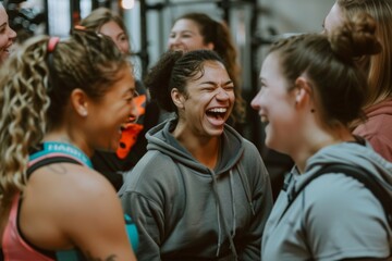 Fototapeta premium Group of women laughing after a gym workout, joy and accomplishment