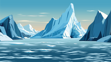 Cartoon vector illustration of an Antarctic landscape, featuring towering ice mountains and gently falling snow. The polar scene includes glaciers and floating icebergs drifting in the icy sea.
