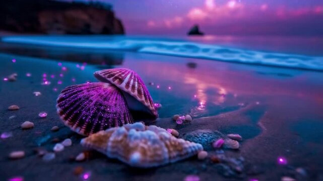beach with shells and pink, purple sky. 