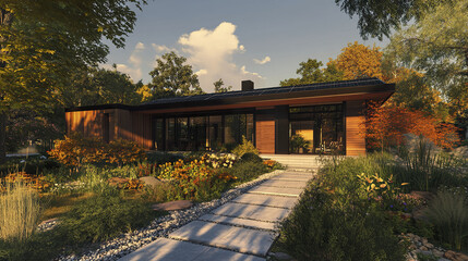 Fototapeta premium Modern passive house with wood panel exterior and solar panels