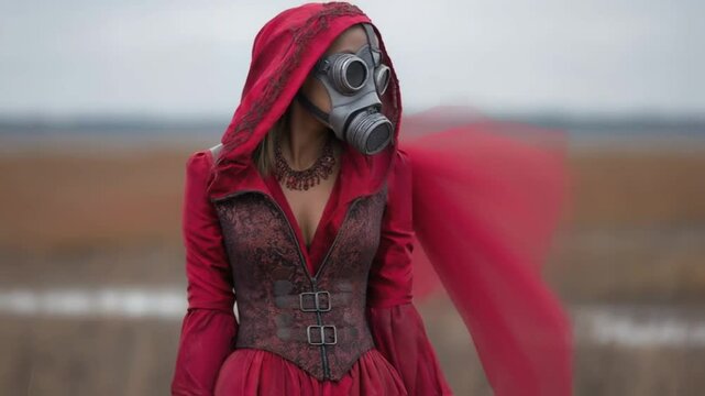 woman in red dress and gas mask standing in the field.