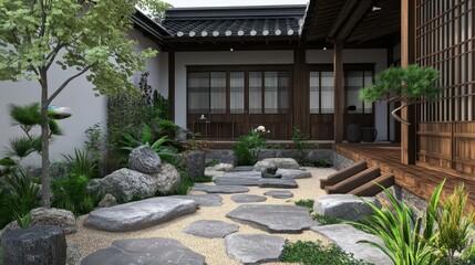 Traditional Korean house courtyard with stone steps and plants in Bukchon.