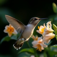 Hummingbird in flight, feeding on lilies